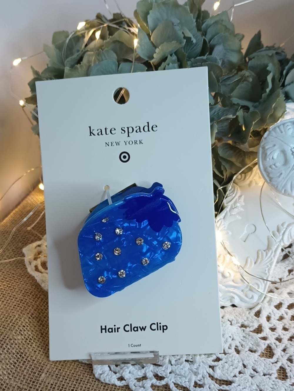🦈kate spade Blue Strawberry Hair Claw Clip with Rhinestones